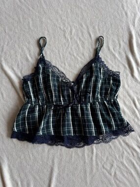 American Eagle Outfitters Green and Navy Plaid Lace-Trim Cami Size Medium